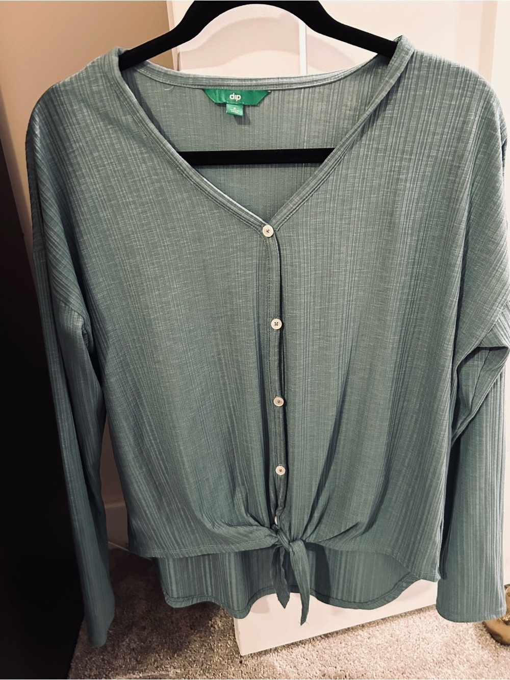 dip Sage Green Button-Front Tie-Hem Long Sleeve Top